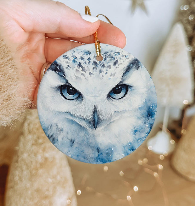 a hand holding an ornament with a picture of an owl on it