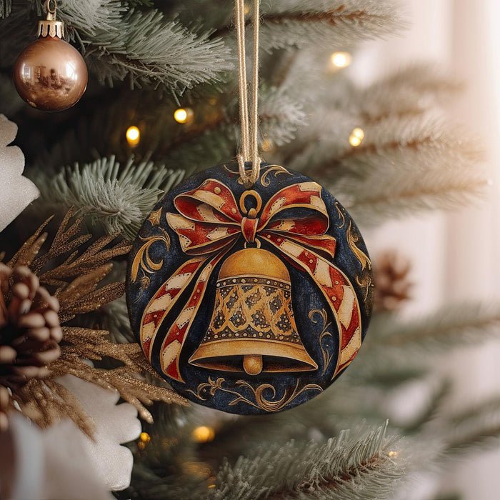 a christmas ornament hanging from a christmas tree