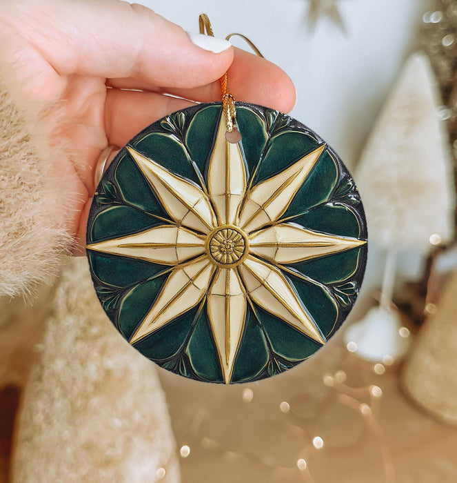 a person holding a christmas ornament in their hand