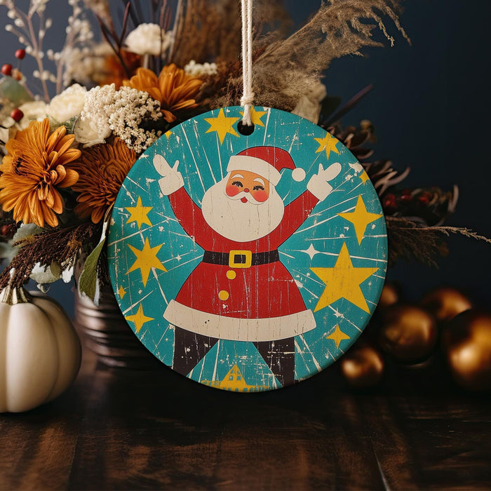 a wooden ornament with a santa clause on it