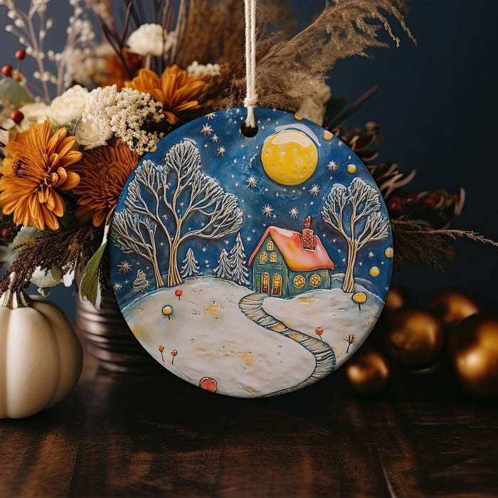 a ceramic ornament with a house on a snowy night