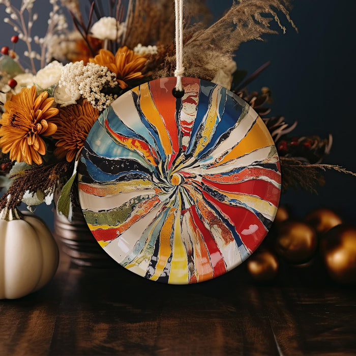 a plate with a colorful design on it next to a vase of flowers