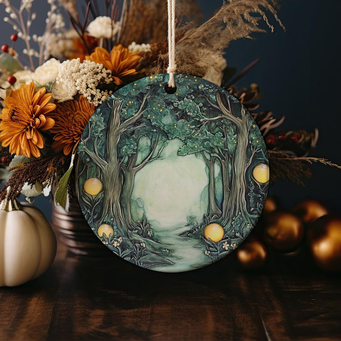 a ceramic ornament with a forest scene on it