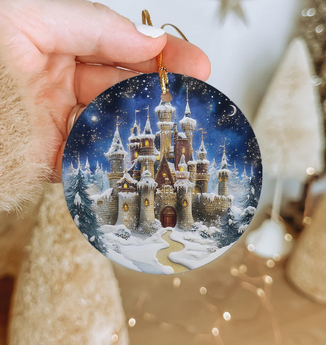 a hand holding a christmas ornament with a castle on it