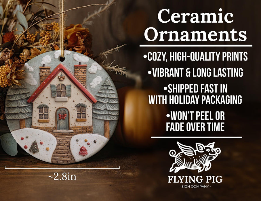 a ceramic ornament with a house on it