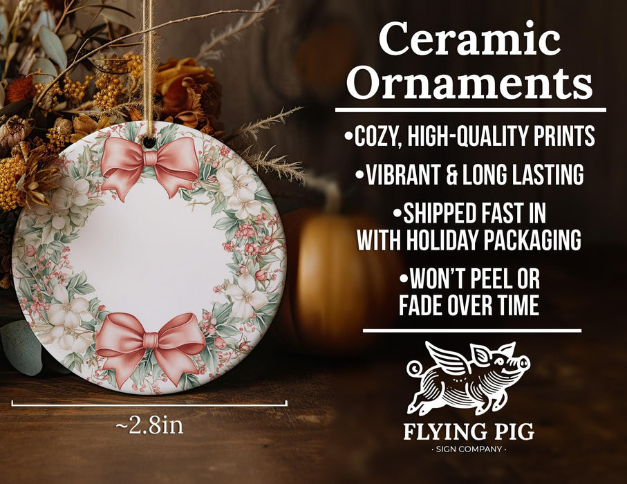 a ceramic ornament with a bow on it