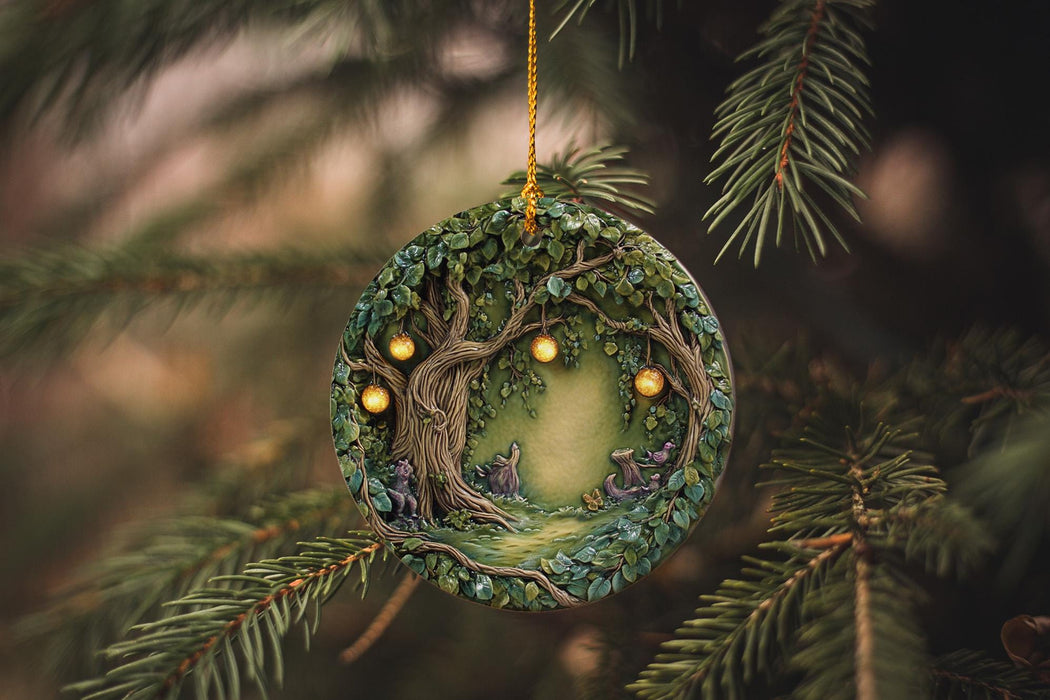 a christmas ornament hanging from a christmas tree