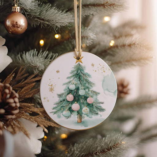 a christmas tree ornament hanging from a christmas tree