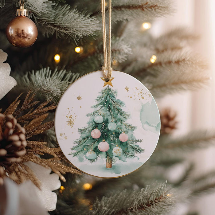 a christmas tree ornament hanging from a christmas tree