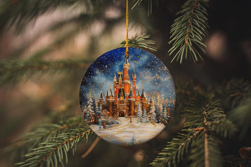 a glass ornament hanging from a christmas tree