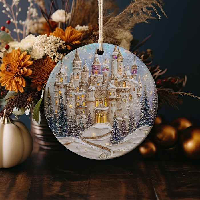 a christmas ornament with a castle on it