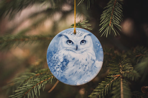 an ornament hanging from a tree with a picture of an owl on it