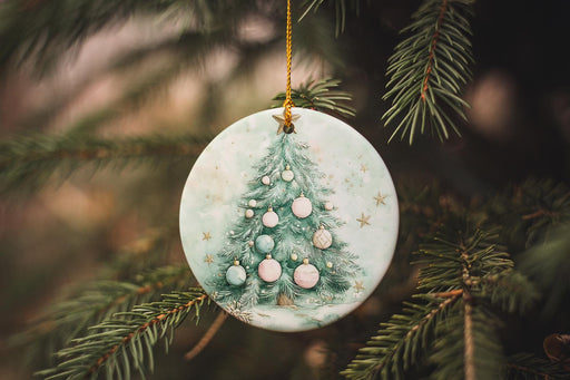 a glass ornament hanging from a christmas tree