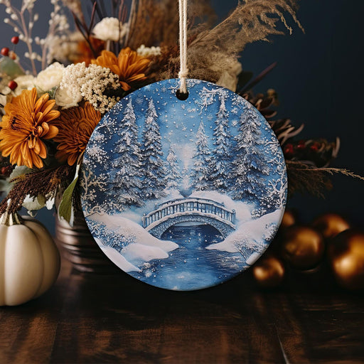 a ceramic ornament with a winter scene on it