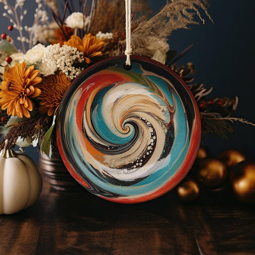 a colorful plate sitting on top of a wooden table