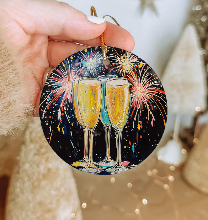 a hand holding a christmas ornament with two glasses of champagne