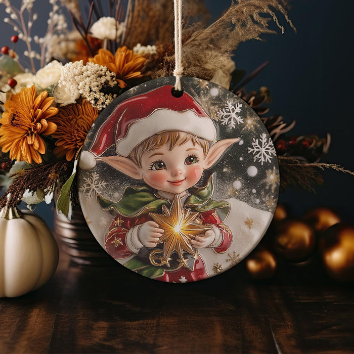 a christmas ornament with a picture of a elf on it
