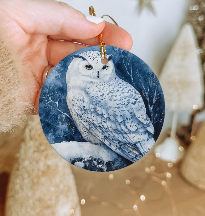 a person holding a blue ornament with a white owl on it
