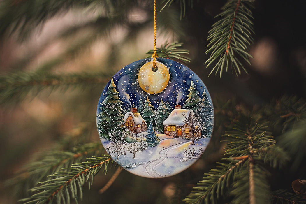 a christmas ornament hanging from a christmas tree