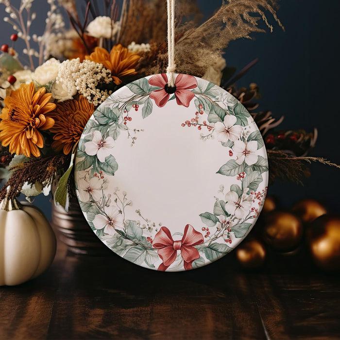 a white plate with a red bow on it