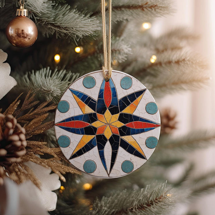 a wooden ornament hanging from a christmas tree