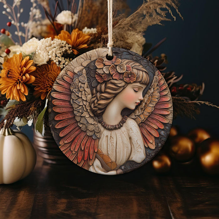 a ceramic ornament with a woman's face on it