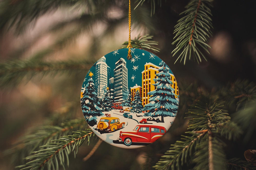 a christmas ornament hanging from a christmas tree