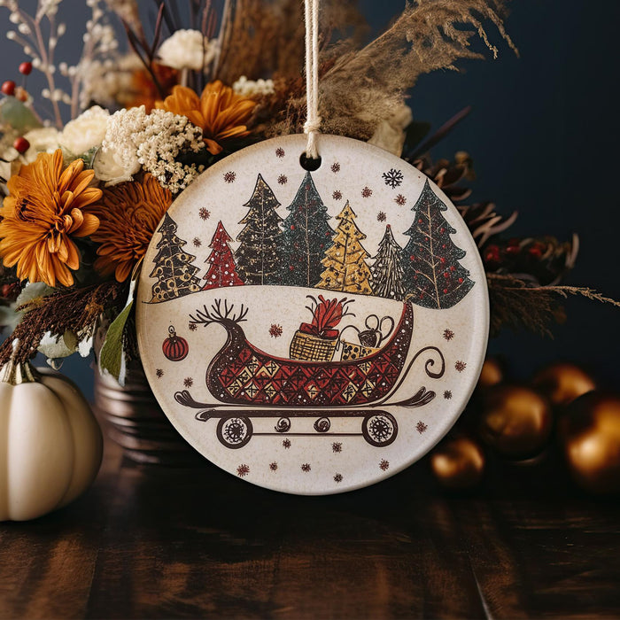 a christmas ornament with a sleigh and trees on it