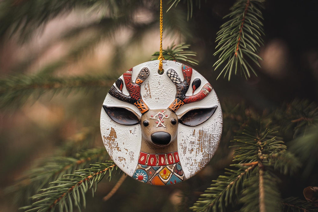 a wooden deer ornament hanging from a christmas tree