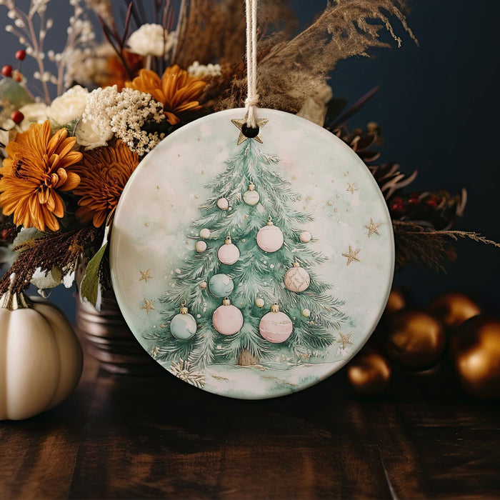 a ceramic ornament with a christmas tree on it