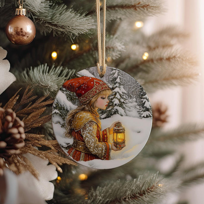 a christmas ornament hanging from a christmas tree