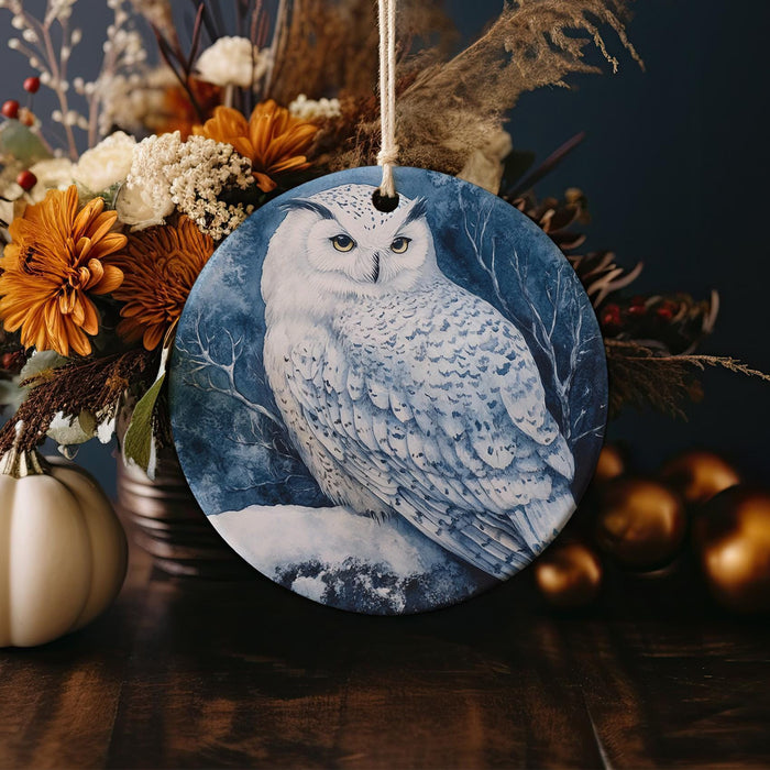a white owl sitting on top of a wooden table