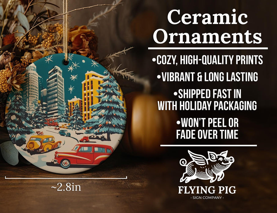 a ceramic ornament with a christmas scene on it