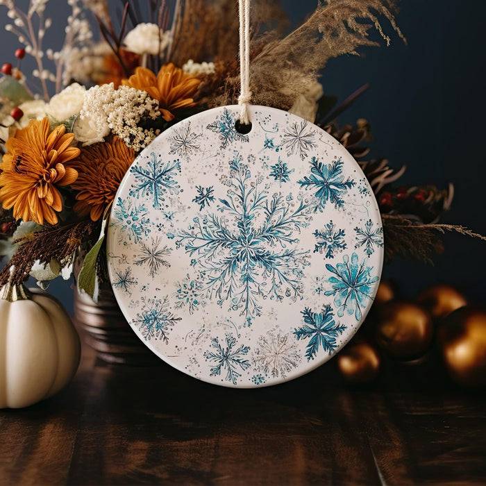 a white and blue snowflake ornament sitting on a table next to