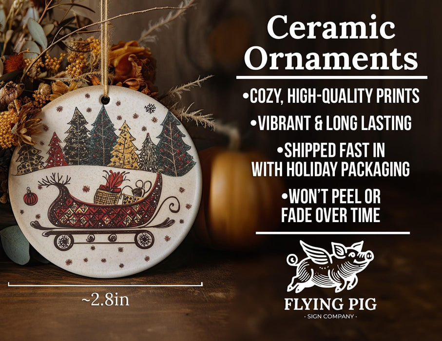 a ceramic ornament with a santa sleigh on it