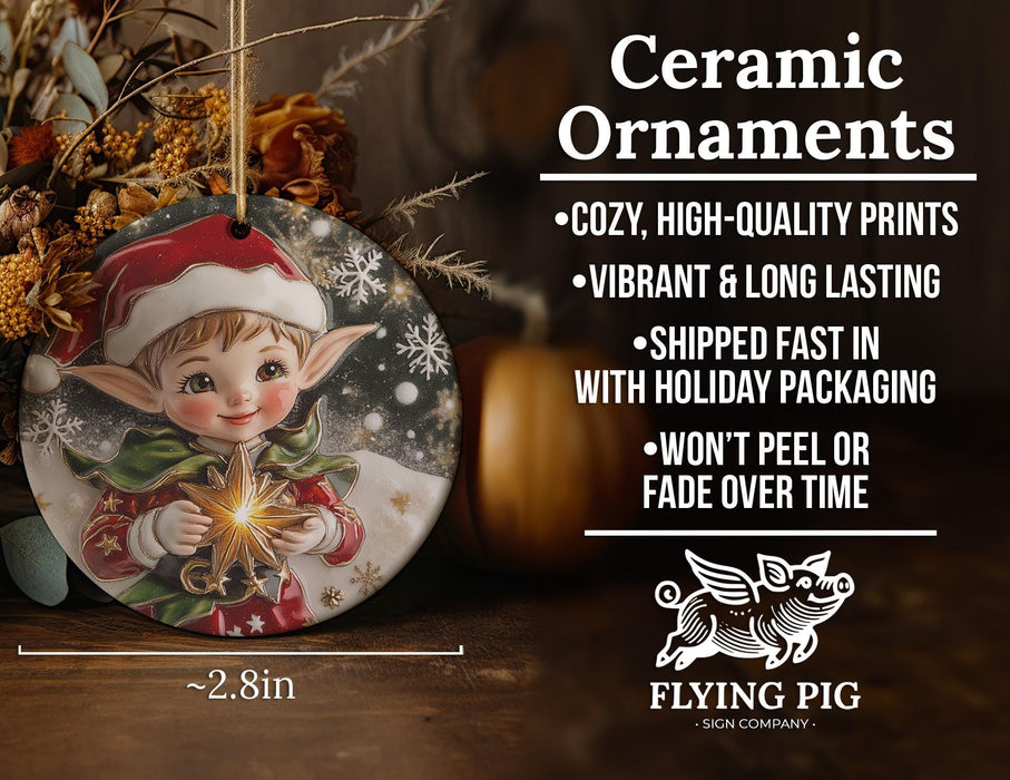 a ceramic ornament with a christmas elf on it
