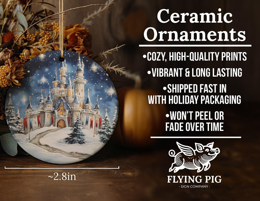 a ceramic christmas ornament with a castle on it