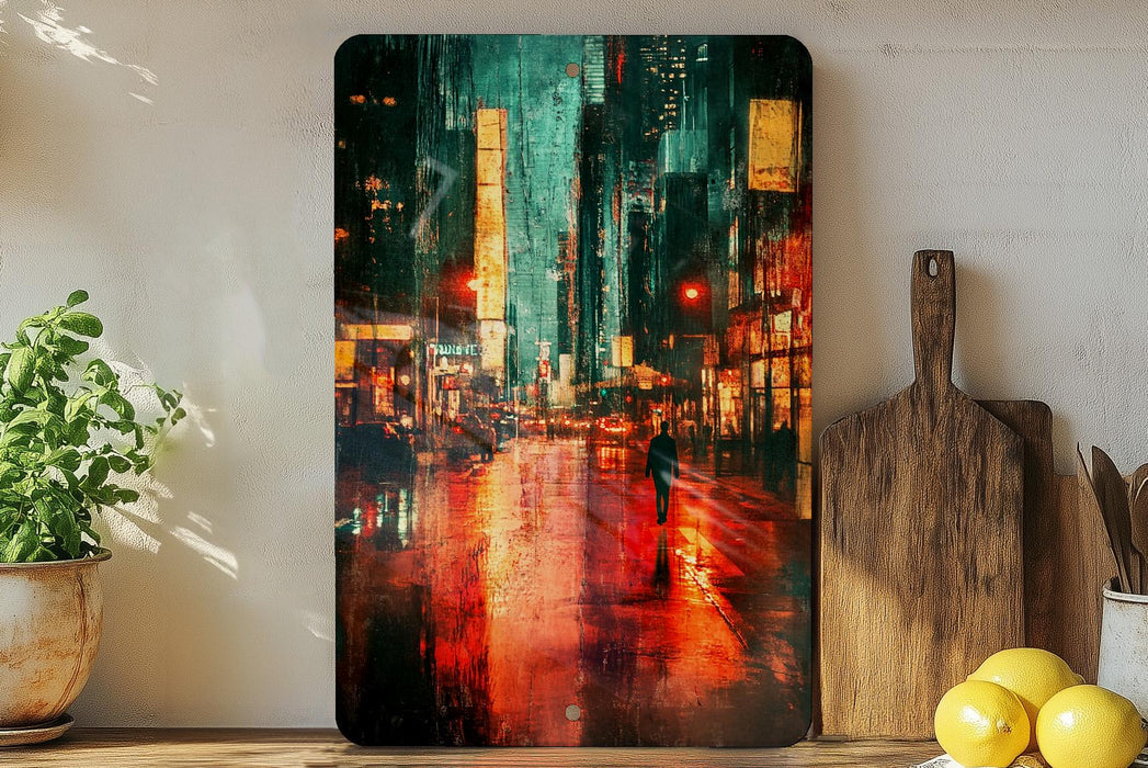 a painting of a city street at night