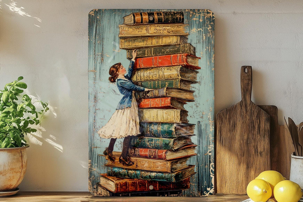 a painting of a girl leaning on a stack of books