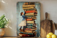 a painting of a girl leaning on a stack of books