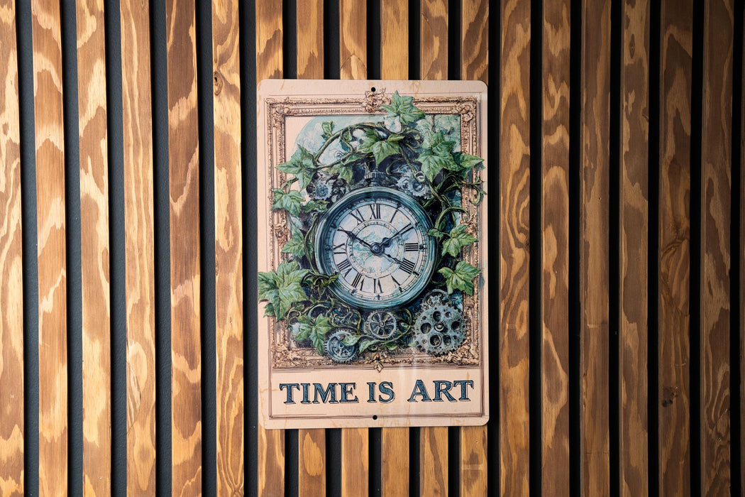 a picture of a clock on a wooden wall