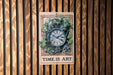 a picture of a clock on a wooden wall