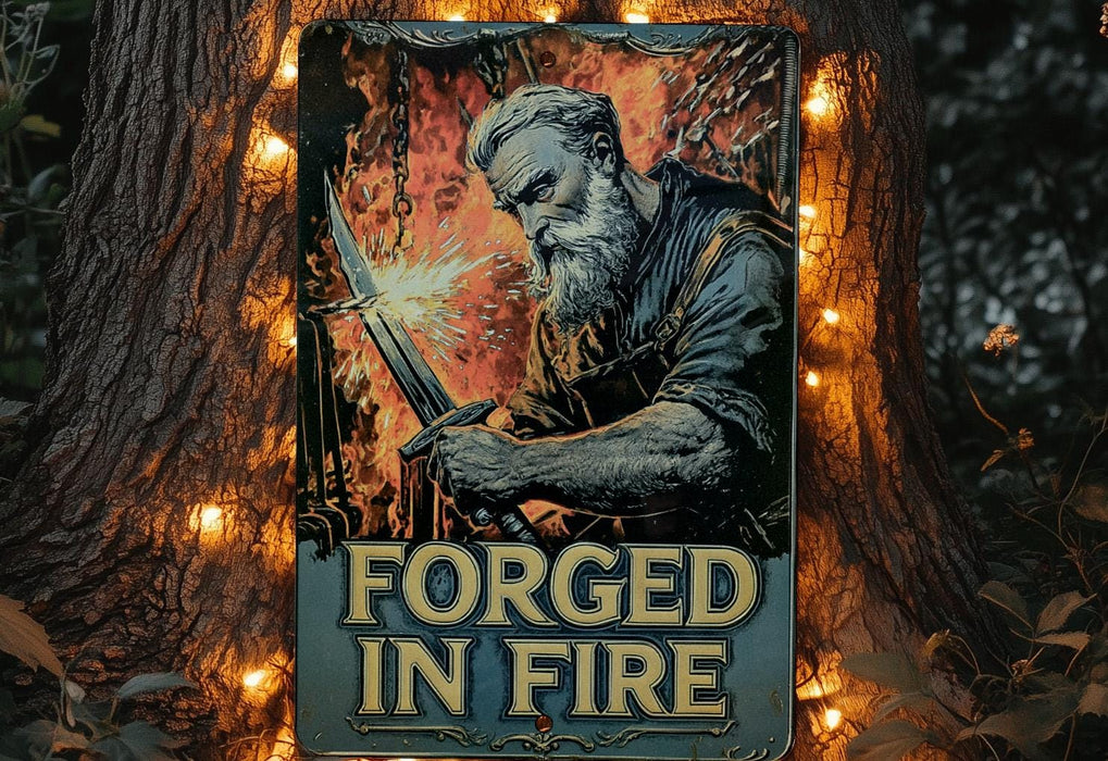 a sign with a picture of a man holding a sword