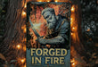 a sign with a picture of a man holding a sword