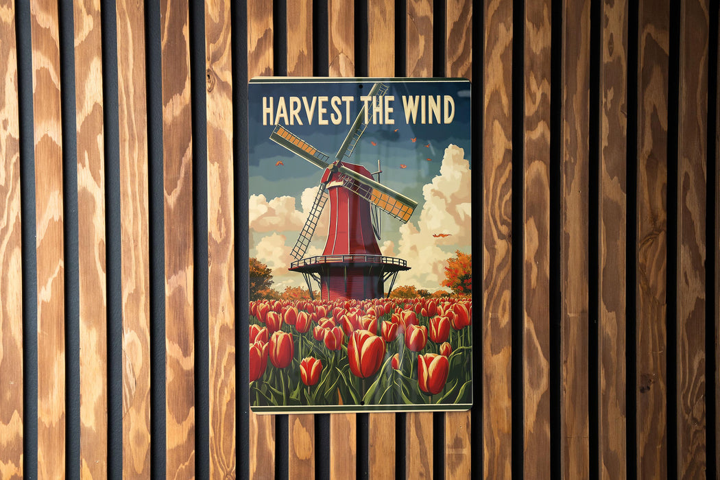 a poster of a windmill in a field of tulips