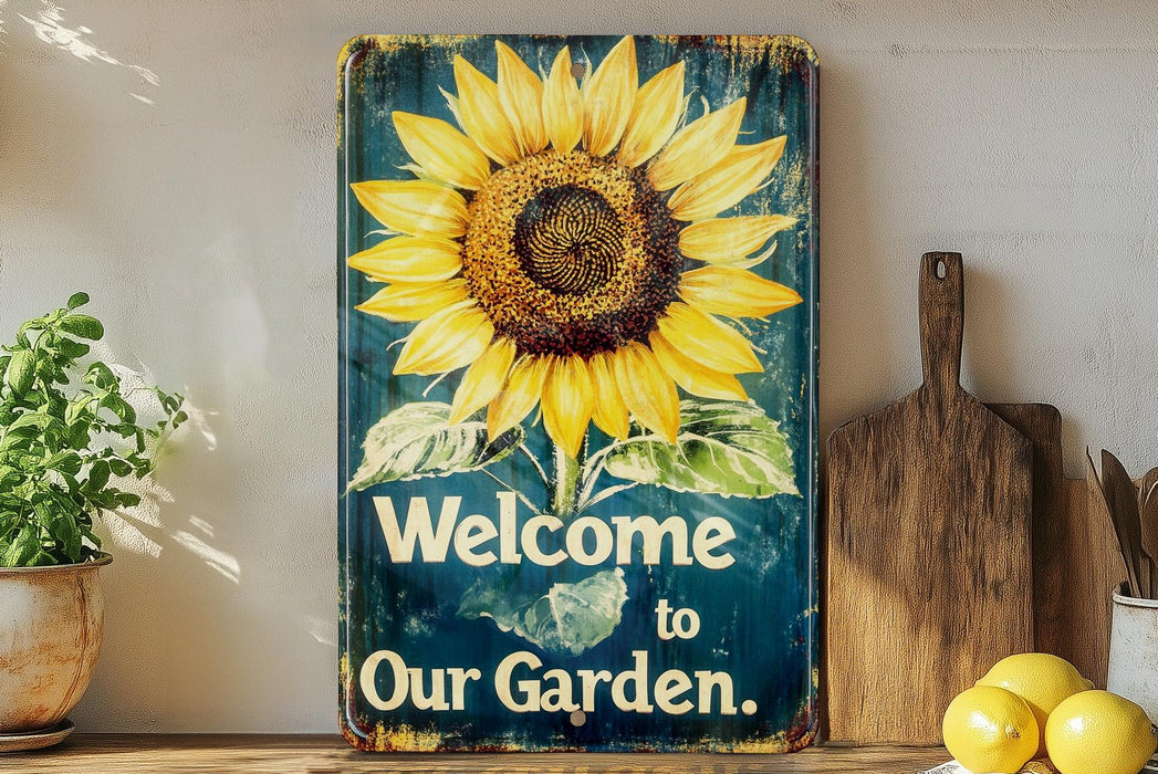 a welcome to our garden sign on a shelf
