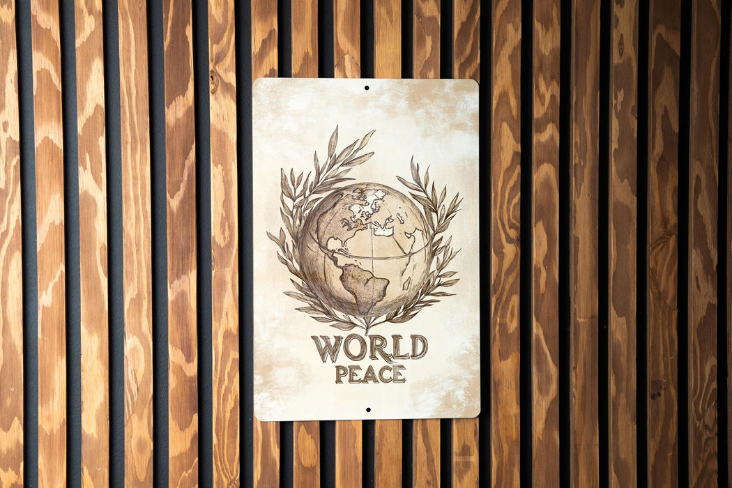 a sign on a wooden wall that says world peace