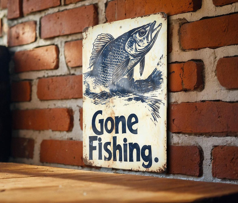 a sign on a brick wall that says gone fishing