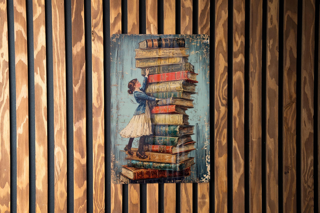 a painting of a girl and a boy standing on top of a stack of books