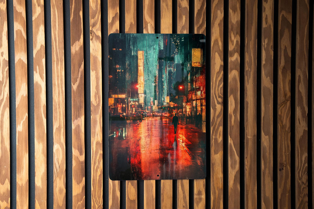 a painting of a city street at night